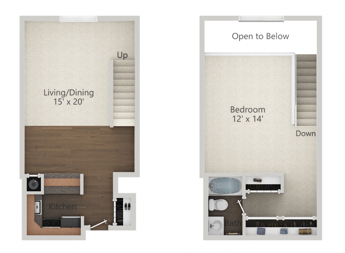 Floor plan for 1 bed, 1 bath, 860 sqft